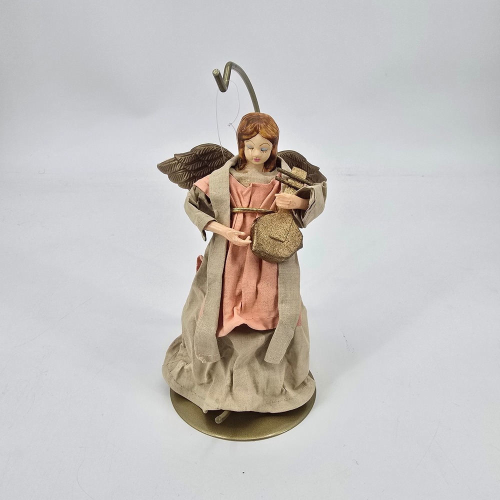 Vintage Fabric Mâché Angel Musician Christmas Tree Topper Lyre Metal Wings 7"